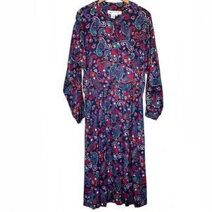 Vintage 80s Chaus Colorful Paisley Long Sleeve Pleated Midi Dress Size 12